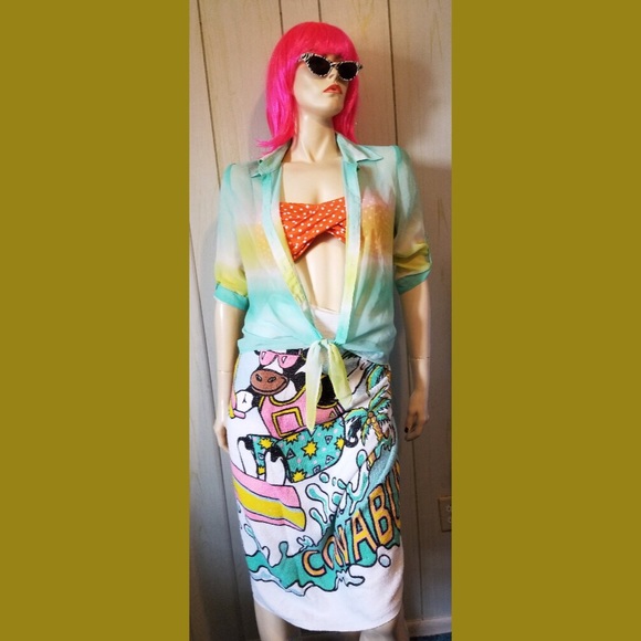 🌈A. BYER Sheer Pastel Rainbow Tie Front Button down Top - Picture 4 of 7